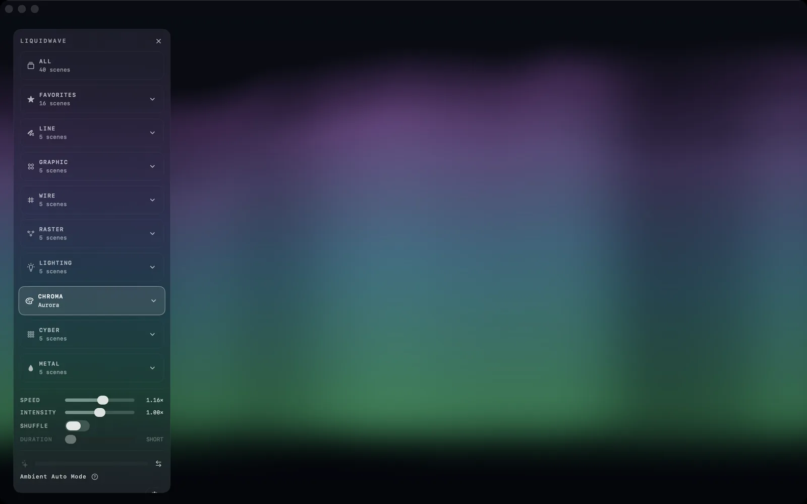 LIQUIDWAVE for Mac with no audio source running: the Aurora scene moving to the Ambient Auto score, with the scene sidebar open
