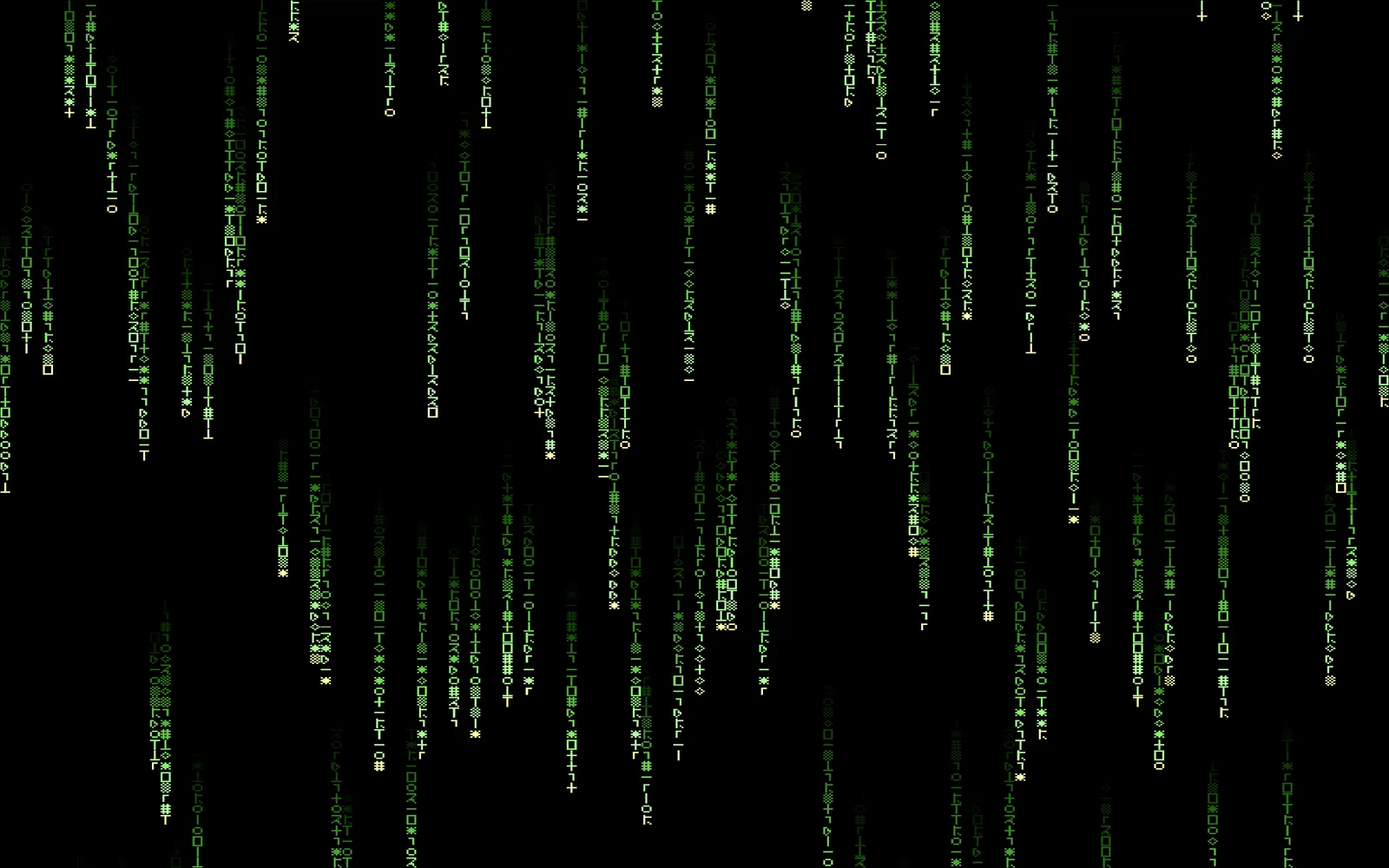 Code Rain: columns of small green glyphs falling down a black screen, each with a brighter head and a fading tail