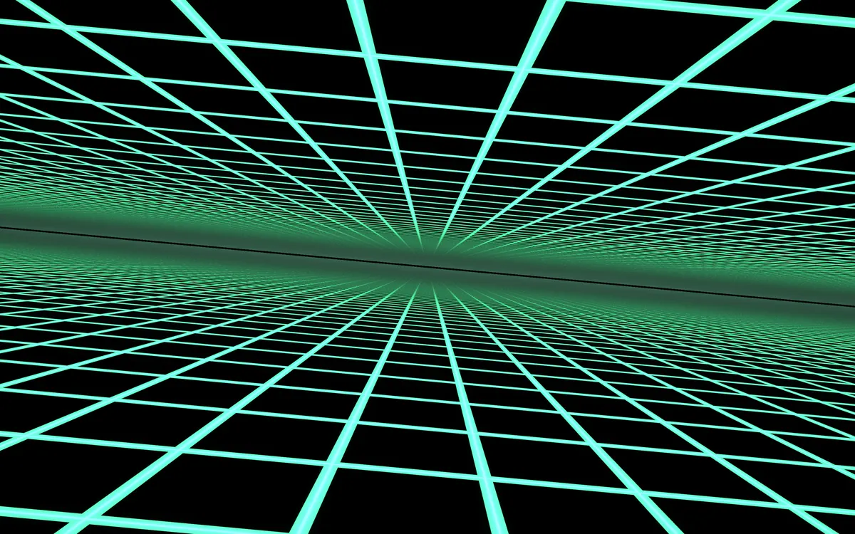 Cyber Grid: two neon-green perspective grids, above and below, meeting at a glowing horizon like a corridor seen from inside