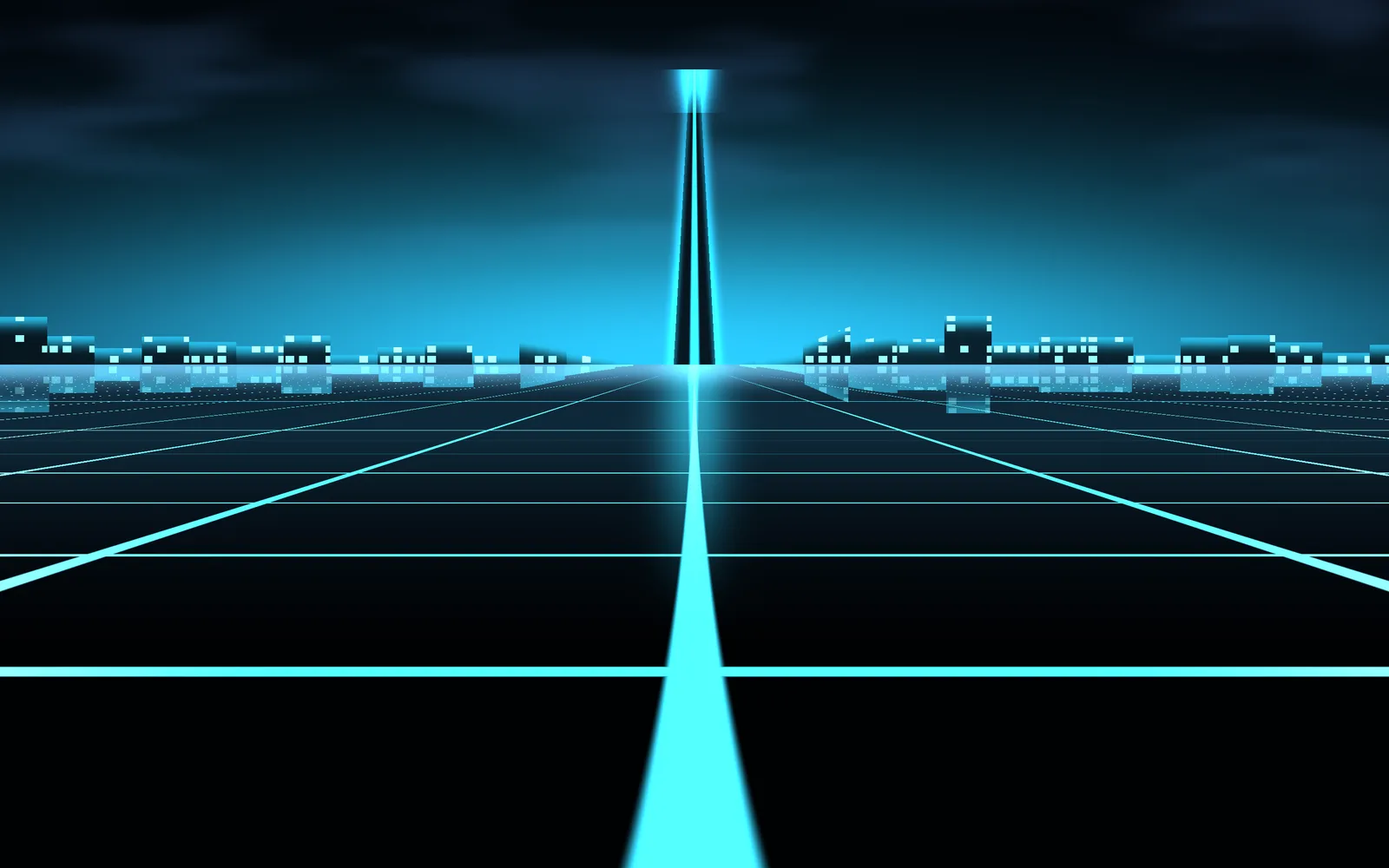 Cyber World: a glowing spire rising from a low skyline at the end of a bright cyan runway that crosses a dark reflective grid