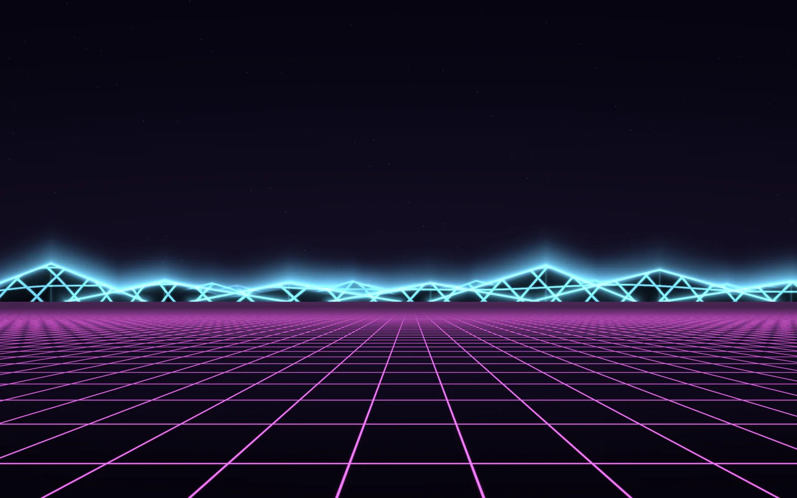 LIQUIDWAVE's Synthwave scene: a magenta perspective grid floor running to a row of glowing cyan wireframe ridges under a dark purple sky