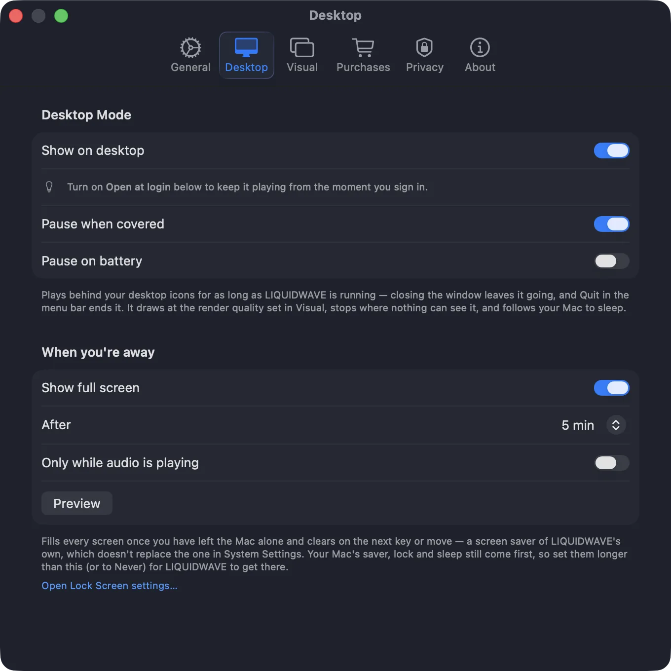 LIQUIDWAVE Settings, Desktop tab: Show on desktop, Pause when covered and Pause on battery, and the When you're away options