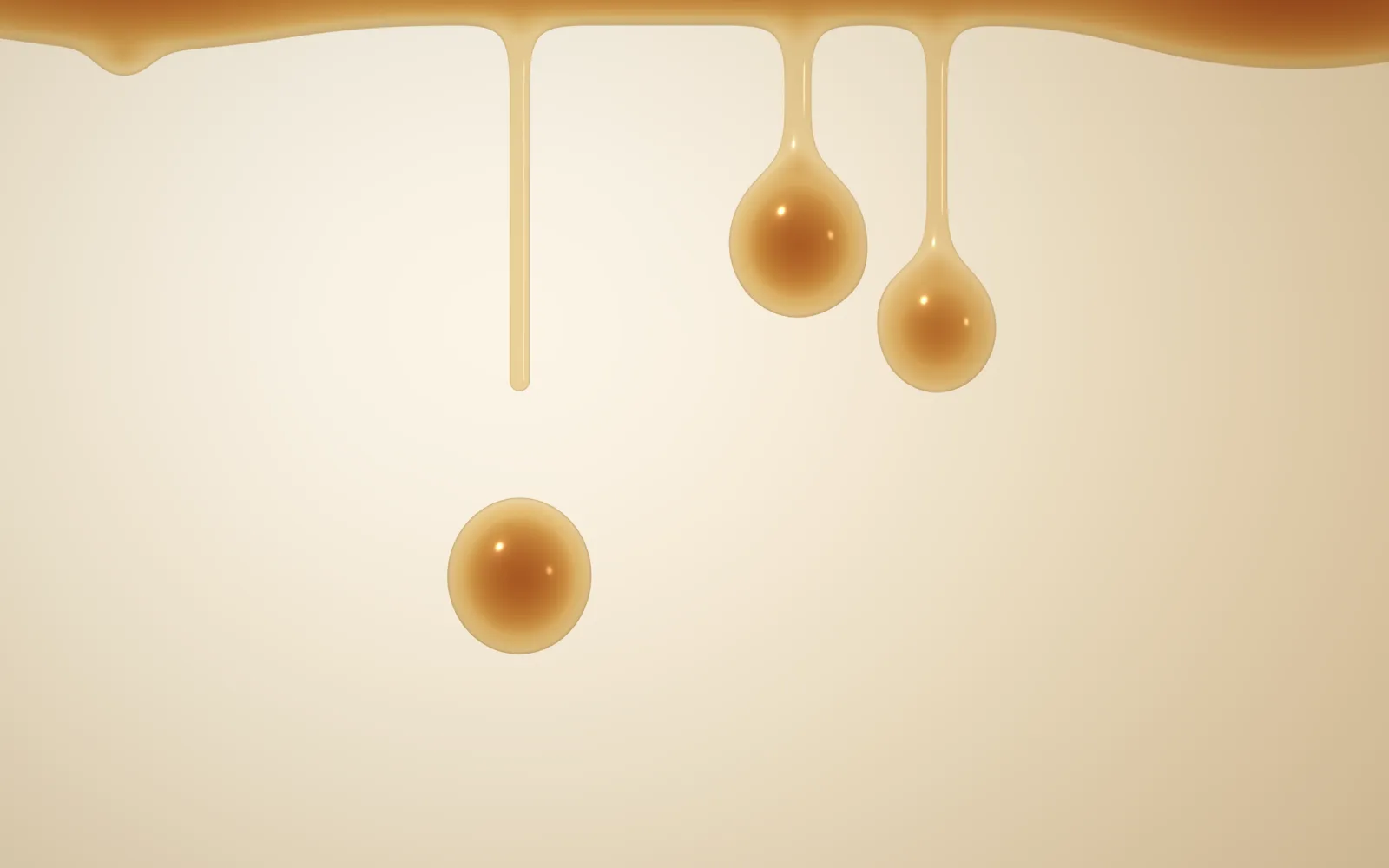 Honey: golden honey running off a ledge at the top of a cream background, two beads hanging on threads and a drop falling below