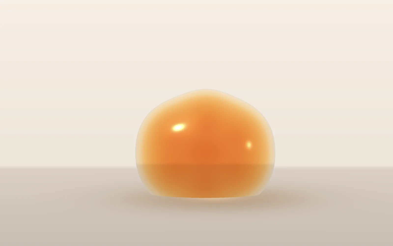 Jelly: a translucent orange mound of jelly on a pale table, with a soft highlight and a shadow of its own color