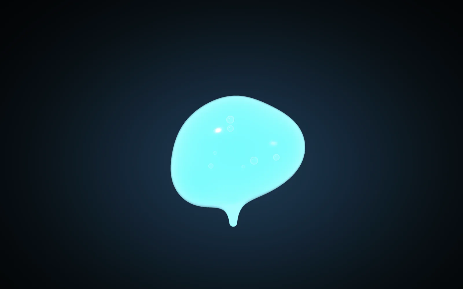 Slime: a glowing aqua lump of slime with small air bubbles inside and a drop forming underneath, against a dark background