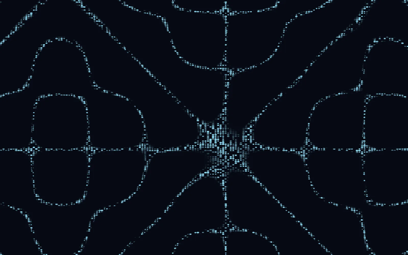 LIQUIDWAVE's Chladni scene: pale blue grains gathered along curved and straight nodal lines on a near-black plate, crossing in a dense knot at the center