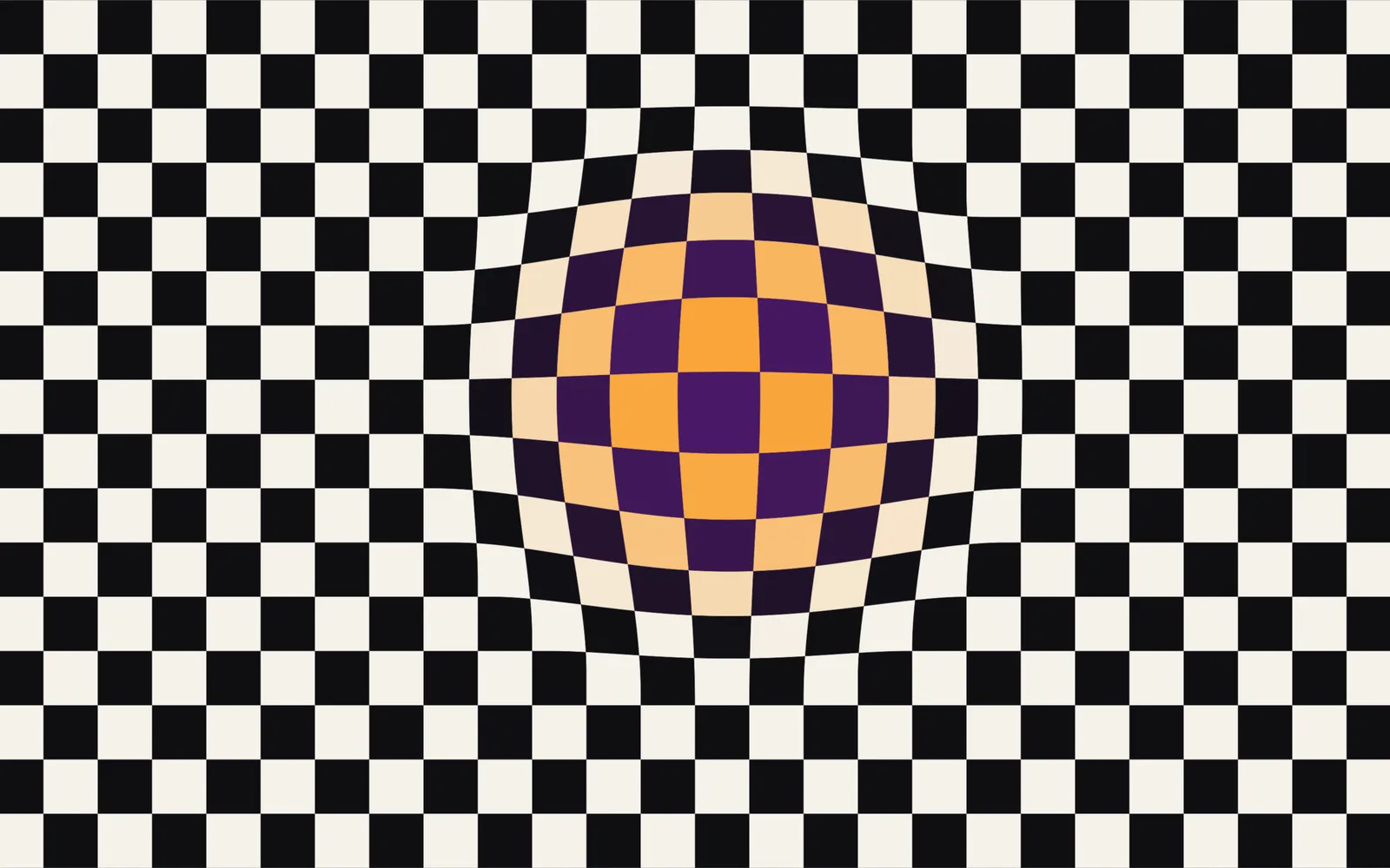 LIQUIDWAVE's Vega scene: a black and cream checkerboard bulging outward in the middle, the raised cells turned violet and orange