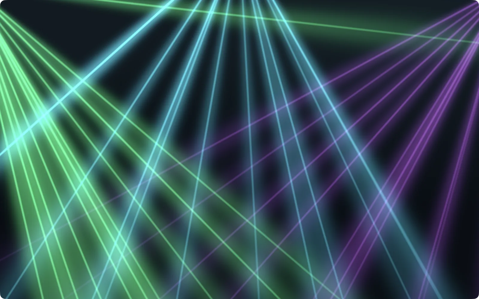 LIQUIDWAVE's Stage scene: fans of green, cyan and violet laser beams crossing through dark stage haze from rigs at the top and sides of the frame