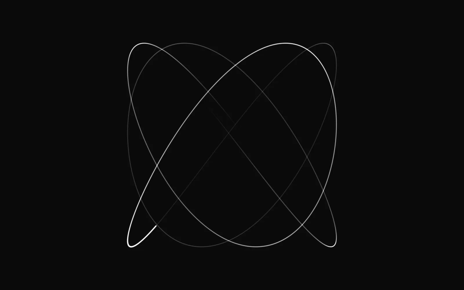 LIQUIDWAVE's Lissajous scene: a white oscilloscope trace looping into a Lissajous figure on black, brightest at the beam