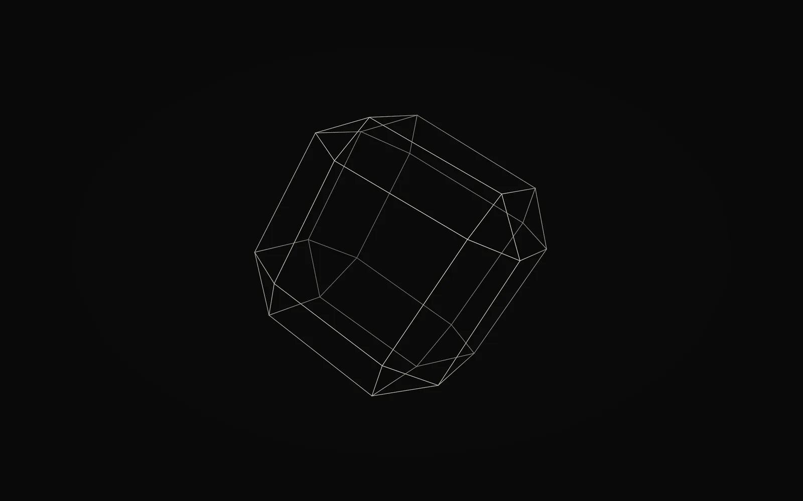 LIQUIDWAVE's Solids scene: a thin ivory wireframe solid turning on black, caught midway through folding into the next solid