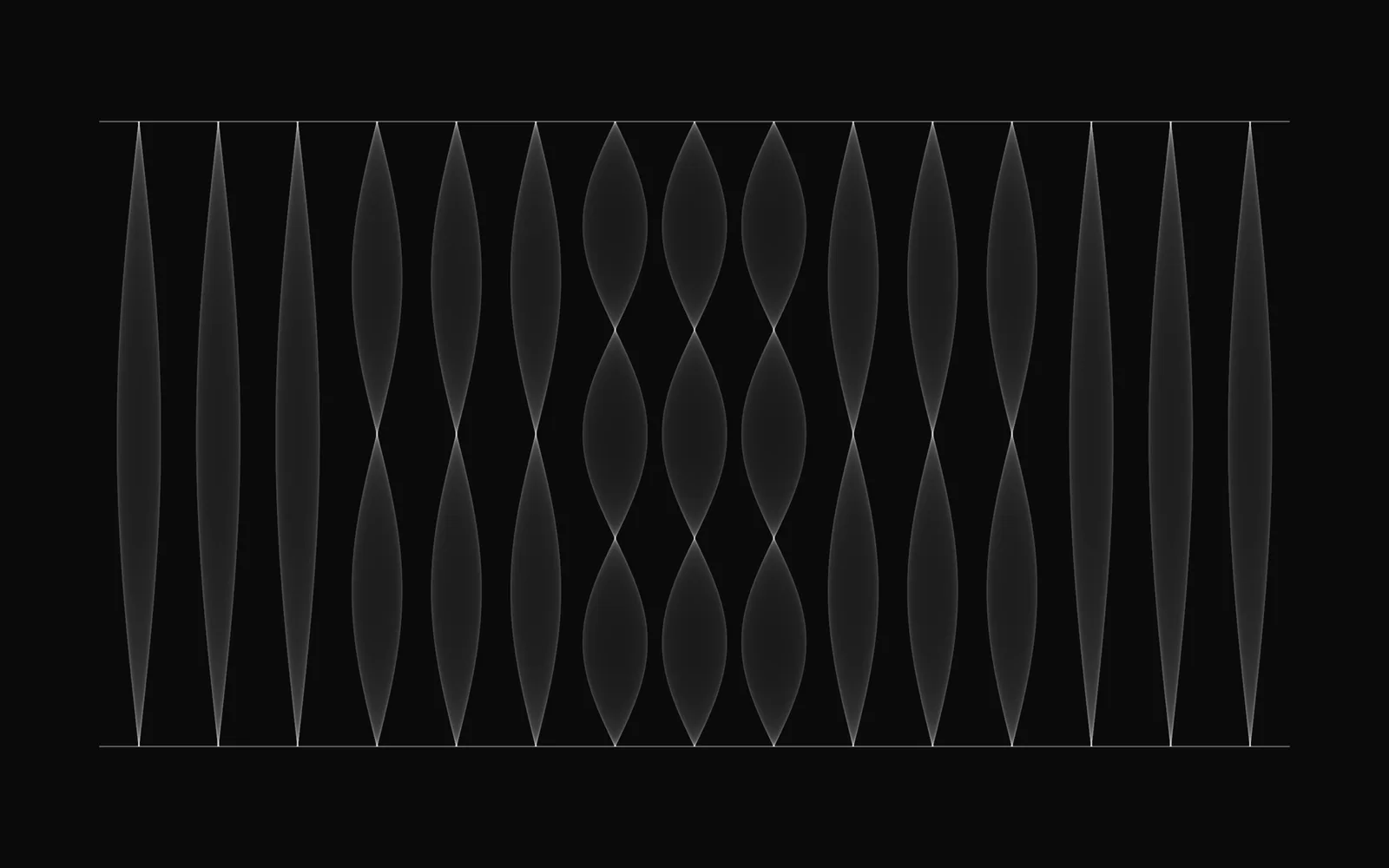 LIQUIDWAVE's Strings scene: vertical hairlines between two bridges, each opened into pale lenses, more lenses per string toward the middle