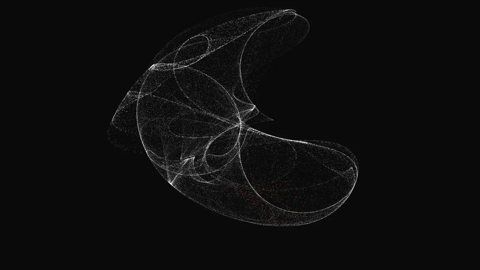 LIQUIDWAVE's Attractor scene: a strange attractor drawn as the density of its orbit, white points crowding into filaments and folded sheets on black