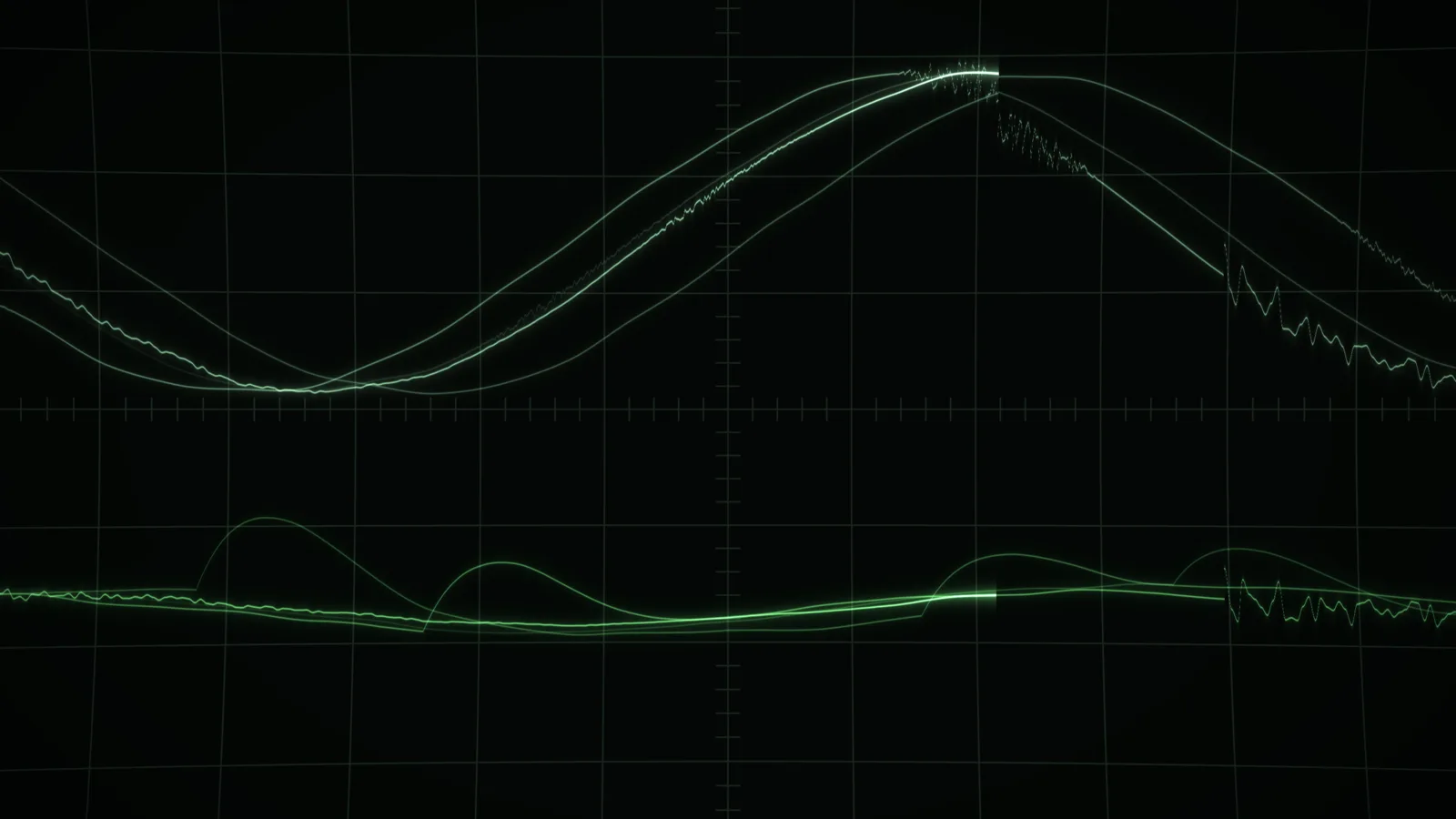 LIQUIDWAVE's Scope scene: a green-phosphor oscilloscope graticule with the music's waveform and its fading echoes on the upper trace and a calmer second channel below
