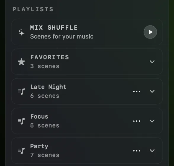 The PLAYLISTS section of the Styles panel: MIX SHUFFLE, Scenes for your music, with a play button, then Favorites and the playlists Late Night, Focus and Party