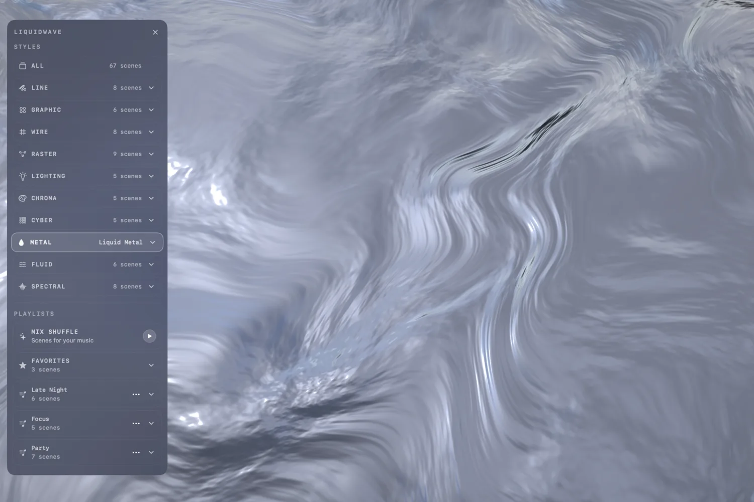 LIQUIDWAVE's window with the Styles panel open over the Liquid Metal scene: STYLES with ALL and ten styles, then PLAYLISTS with MIX SHUFFLE, Scenes for your music, and a play button, above Favorites and three playlists