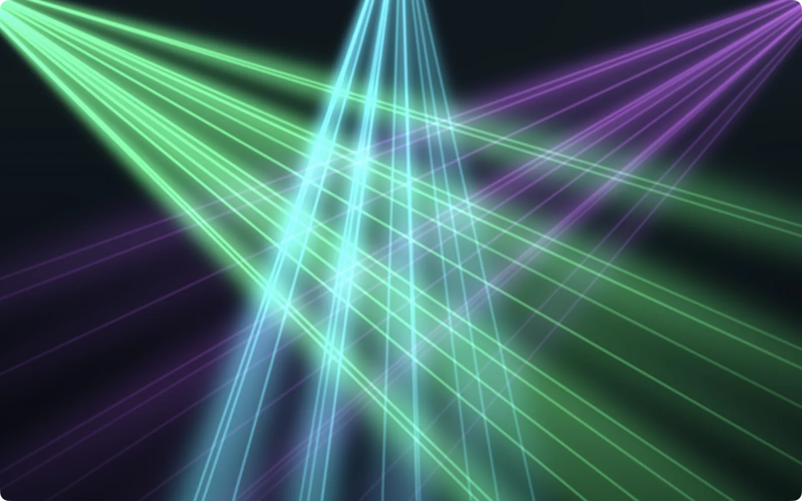 The Stage scene: fans of green, cyan and violet laser beams crossing over a dark stage