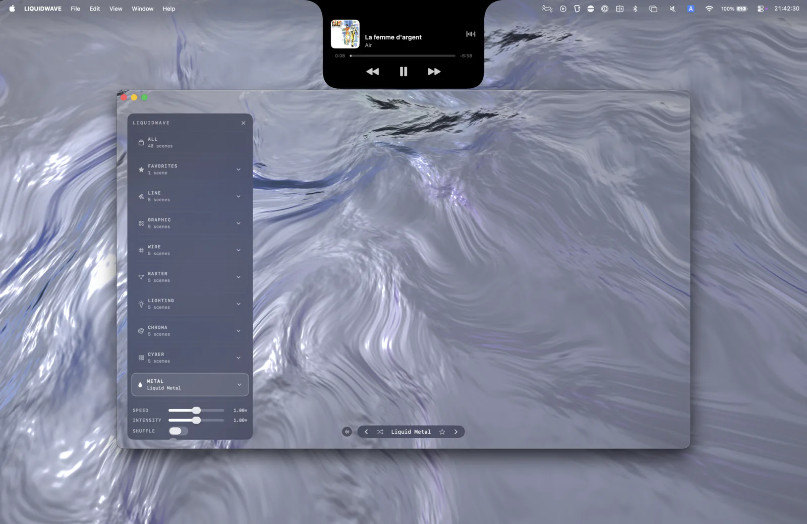 A MacBook screen with the Now Playing island open below the notch, LIQUIDWAVE's window with its scene list, and the Liquid Metal scene filling the desktop behind it