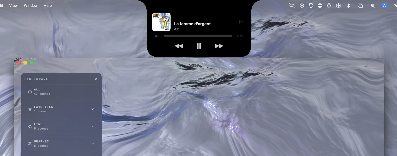 LIQUIDWAVE's Now Playing island open below a MacBook notch, with the cover, the track title and artist, a progress bar and playback controls, above LIQUIDWAVE's window