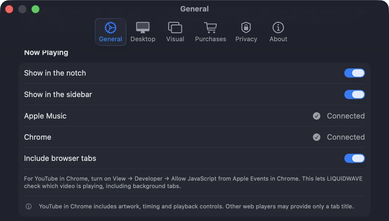 LIQUIDWAVE Settings, General tab, Now Playing section: Show in the notch, Show in the sidebar, the connected players and Include browser tabs