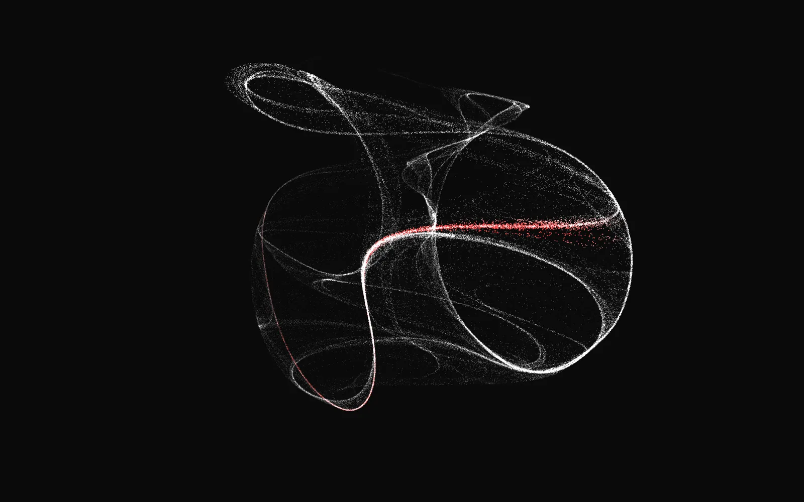 Attractor: a looping figure of fine white points folded into ribbons and filaments, with a bright red thread running along one filament