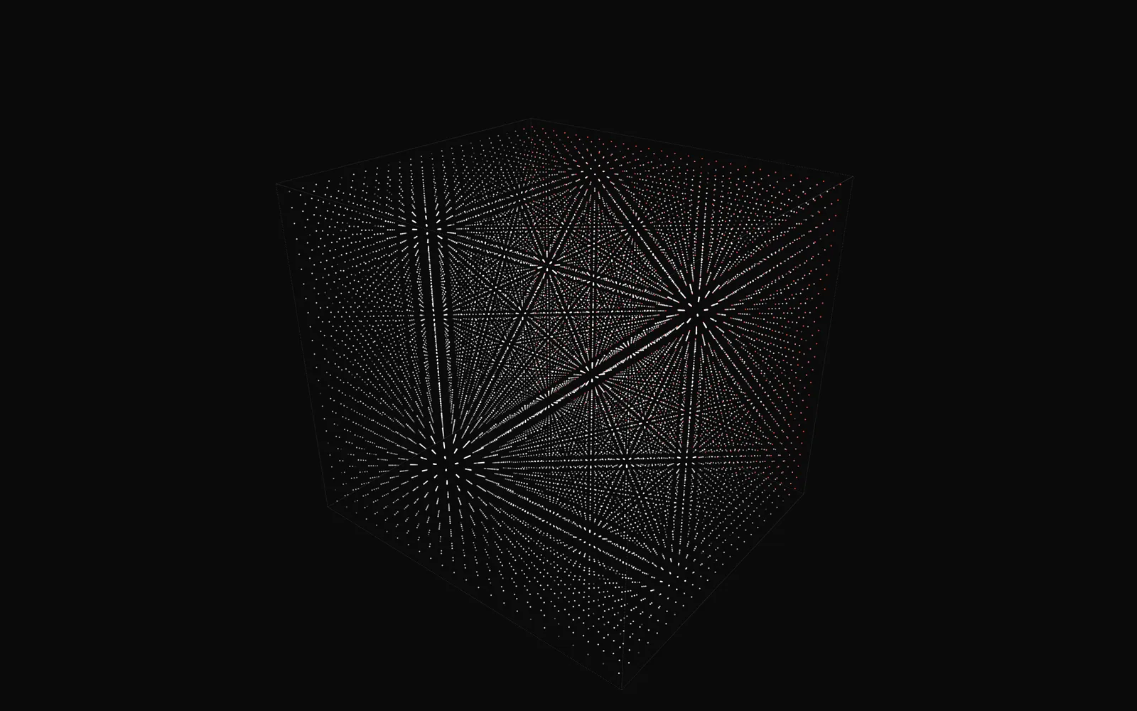 Cube: a lattice of white points seen in perspective, its rows lining up into bright rays that cross inside the box