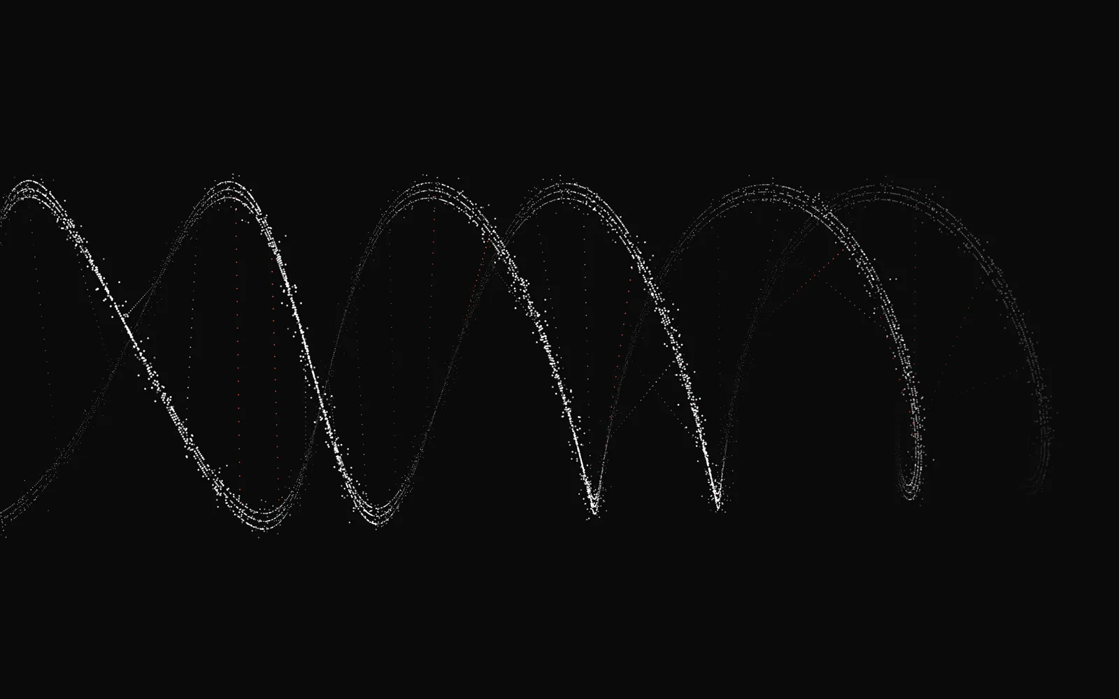 Helix: two strands of white points winding across the frame and fading into the dark at the right, frayed into loose points along their length