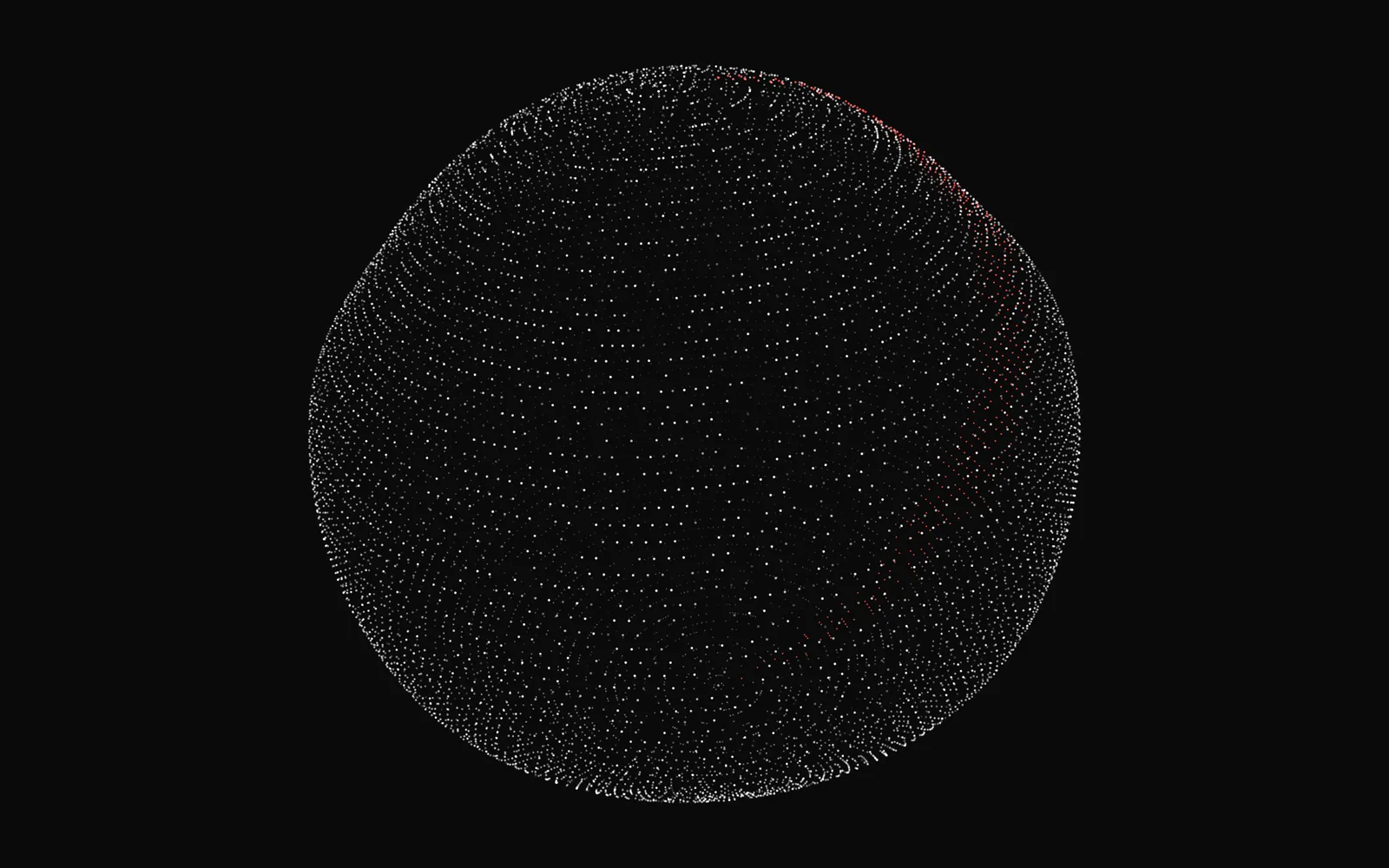 Orbit: a globe of white points on latitude rings, slightly flattened, with a faint red meridian along one side