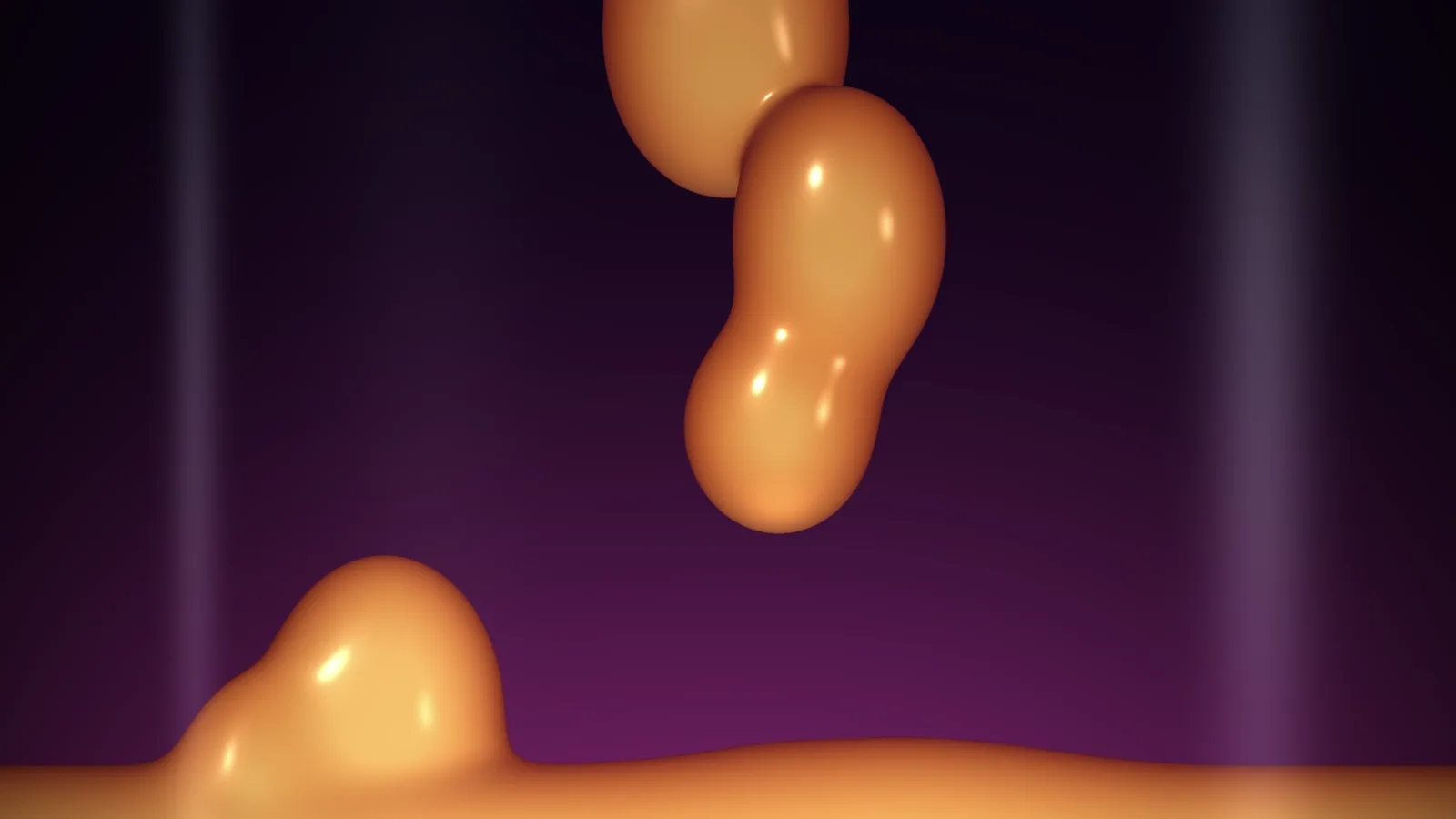 The Lava scene: glossy orange wax hanging from the top of a lava lamp and pooling at the bottom, in violet liquid
