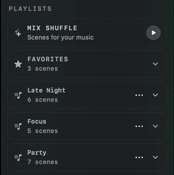The PLAYLISTS section of the Styles panel: Mix Shuffle with its play button, Favorites, and the playlists Late Night, Focus and Party, each with a ⋯ menu and a chevron