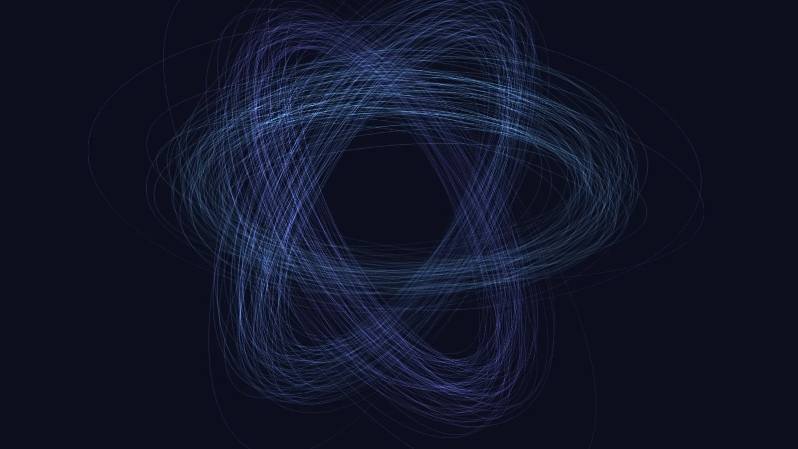 Atom: three sheaves of fine neon ellipses in cyan, azure and violet-blue crossing about one center on near-black
