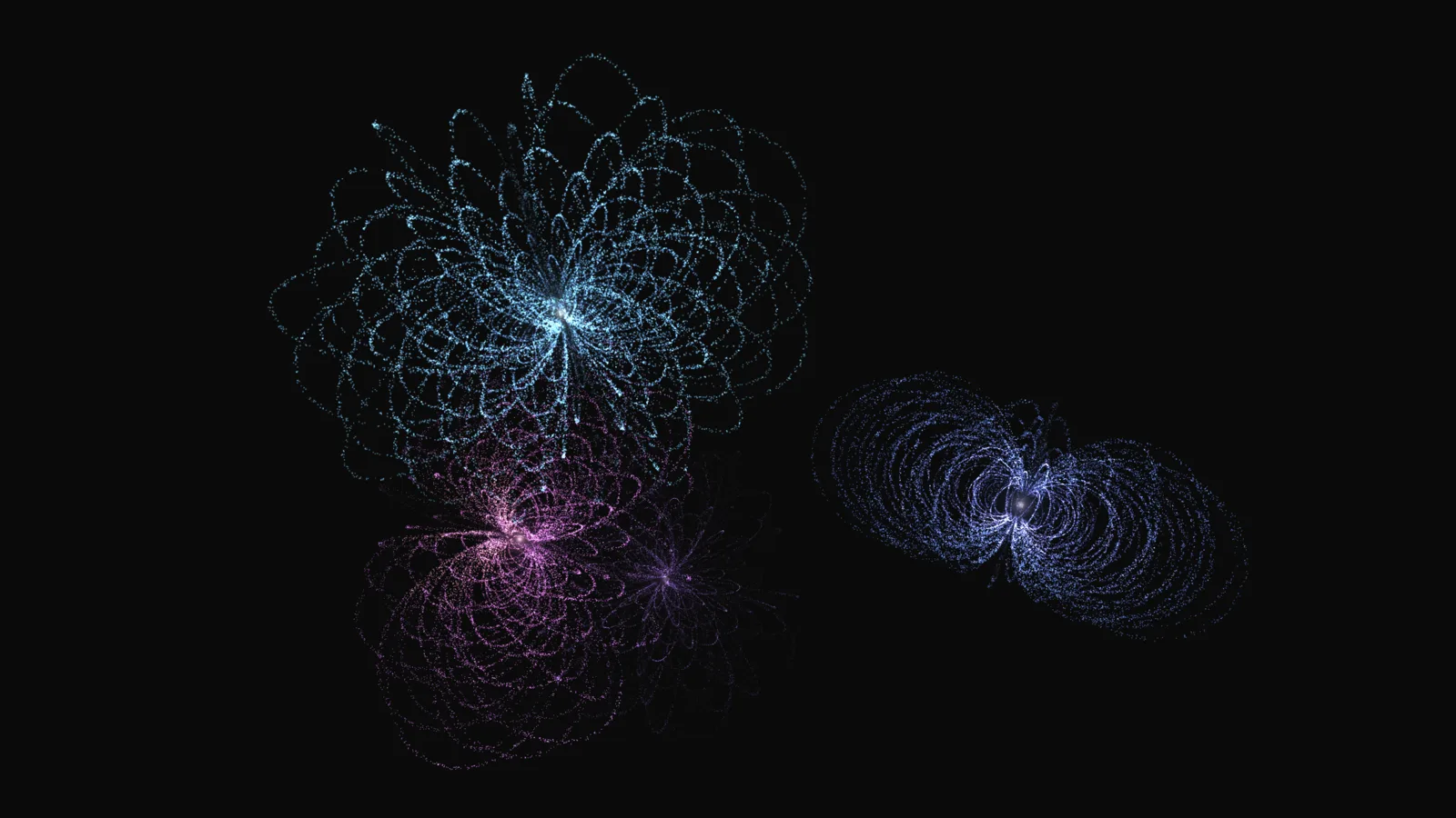 Dipole: four magnetic fields drawn in fine glowing points, cyan, pink, violet and blue loops nested around small bright cores on black
