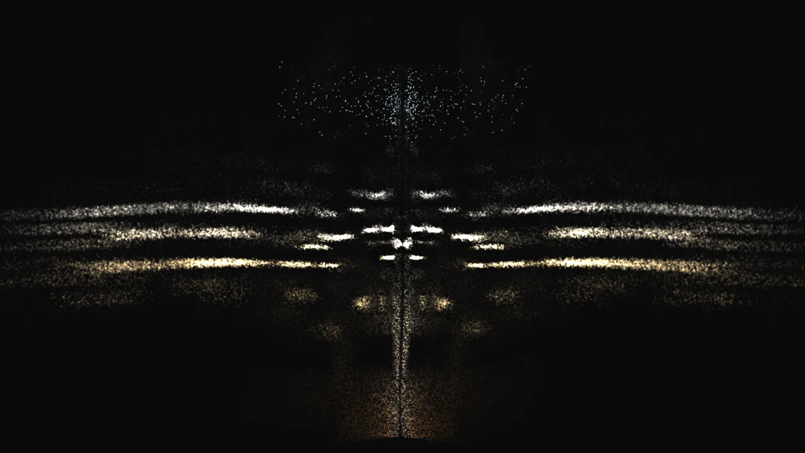 Granular: horizontal threads of white and gold grains spreading out from a bright vertical seam, with pale cyan dust scattered above