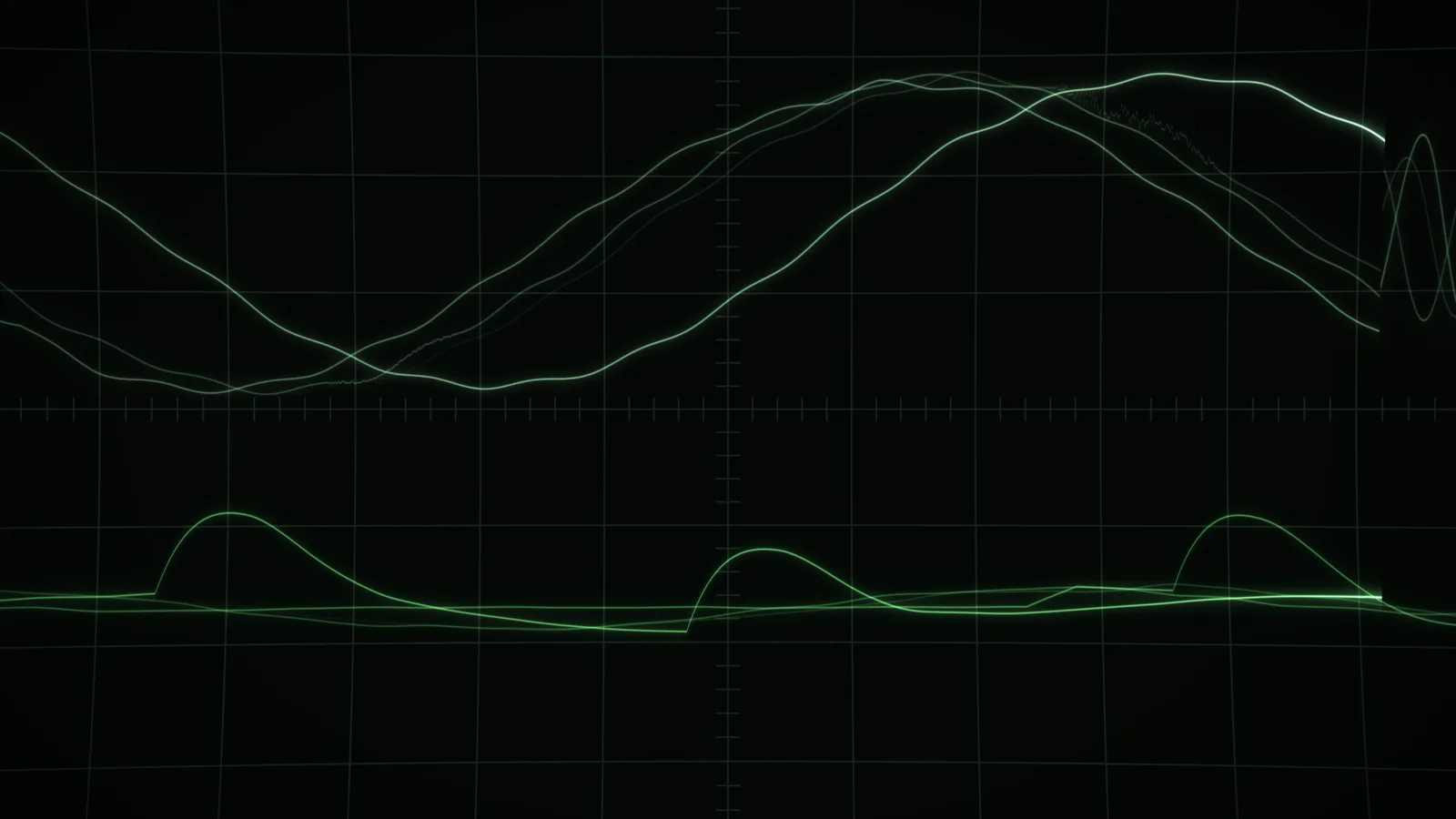 Scope: green phosphor traces on a dark oscilloscope graticule, several passes of a long wave crossing on the upper channel and three kick blips on the lower one