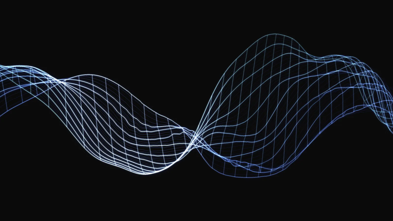 LIQUIDWAVE's Warp scene: a net of glowing blue and white wave lines twisting across a black frame, pinched to a bright seam where it turns edge-on