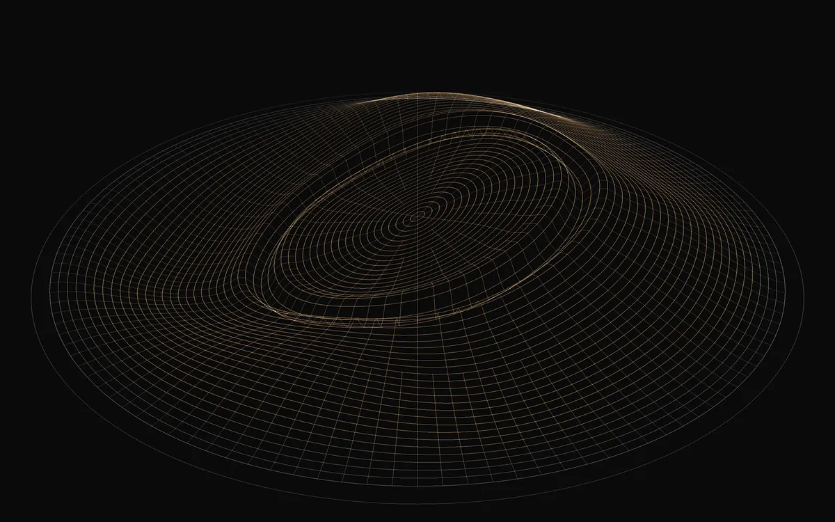 LIQUIDWAVE's Membrane scene: an elliptical drumhead of fine amber and white wire rings and spokes, a ring running outward from the center after a kick