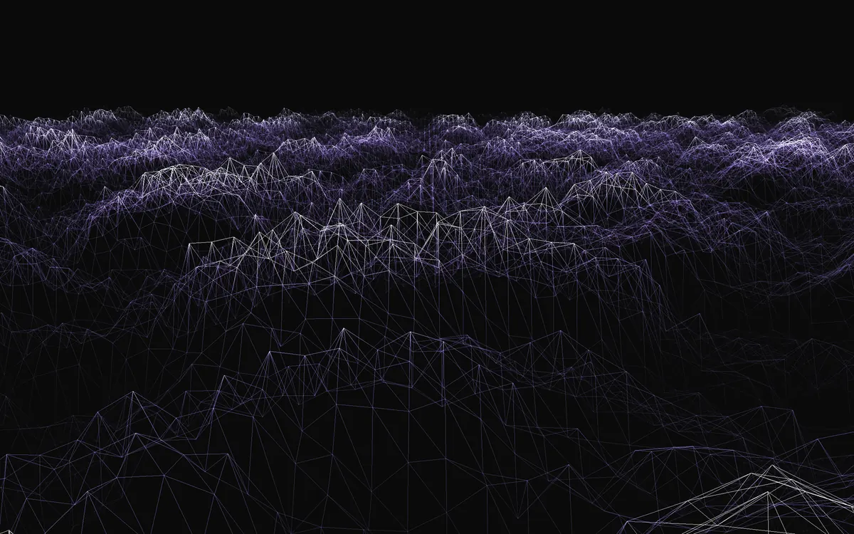 LIQUIDWAVE's Ocean scene: a violet-blue wireframe sea receding to a bright horizon, swells rising in the foreground