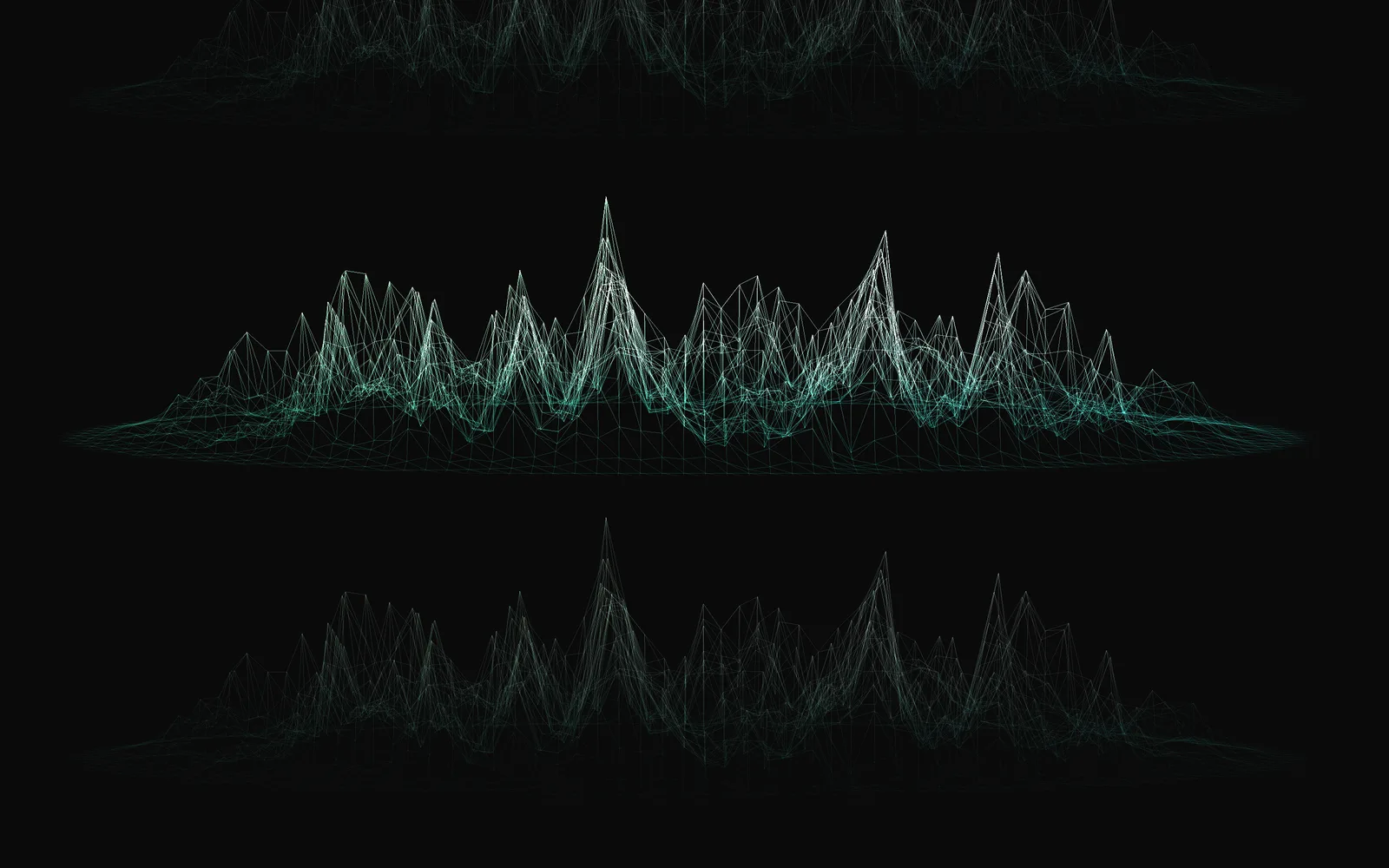 LIQUIDWAVE's Peaks scene: an island of jagged teal and white wireframe peaks floating in the dark, with a fainter copy of it below