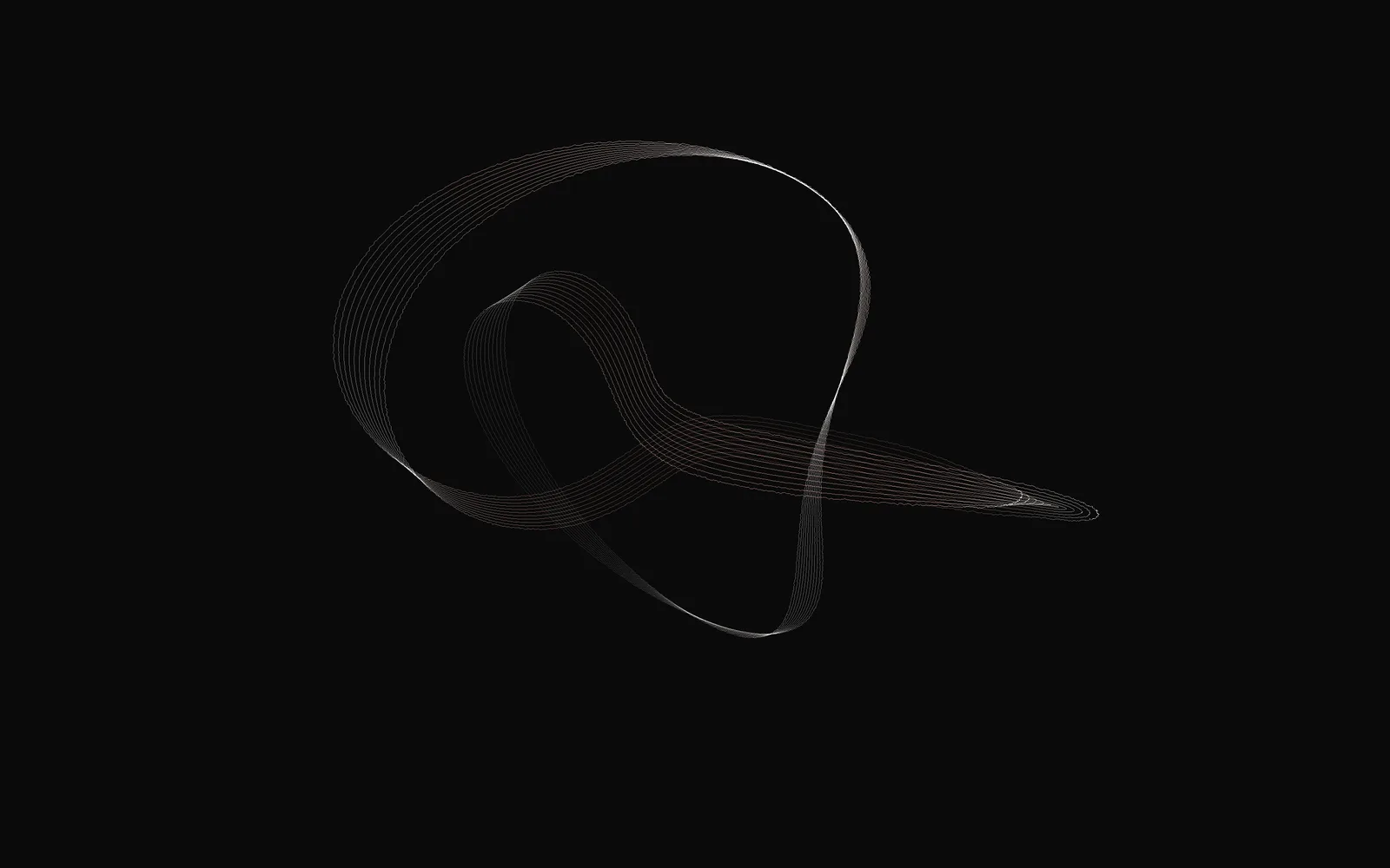 LIQUIDWAVE's Ribbon scene: a strip of fine white parallel hairlines looping through a knot on black, bright where it turns edge-on